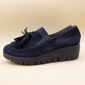 Wonders Talla Black Suede Wedge Loafer Shoes Women's Size 7.5